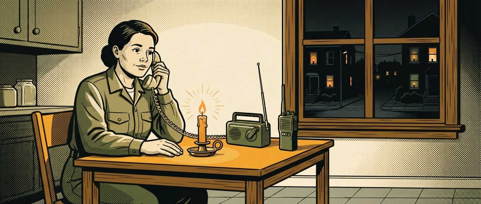 Radio à manivelle et talkie-walkie posés sur une table près d'une fenêtre