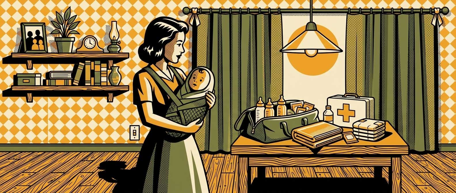 Illustration vintage d'une mère portant son bébé en écharpe à côté d'un kit d'urgence ouvert contenant biberons, couverture et trousse de secours