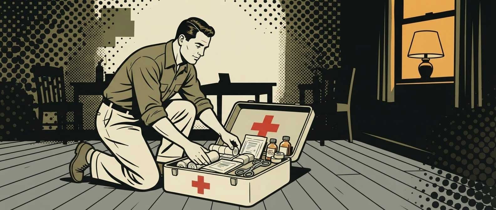 Trousse de premiers secours ouverte avec bandages, compresses et ciseaux