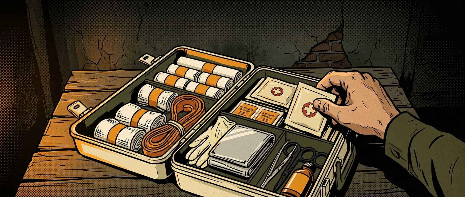 Trousse de premiers secours maison ouverte avec son matériel médical de survie
