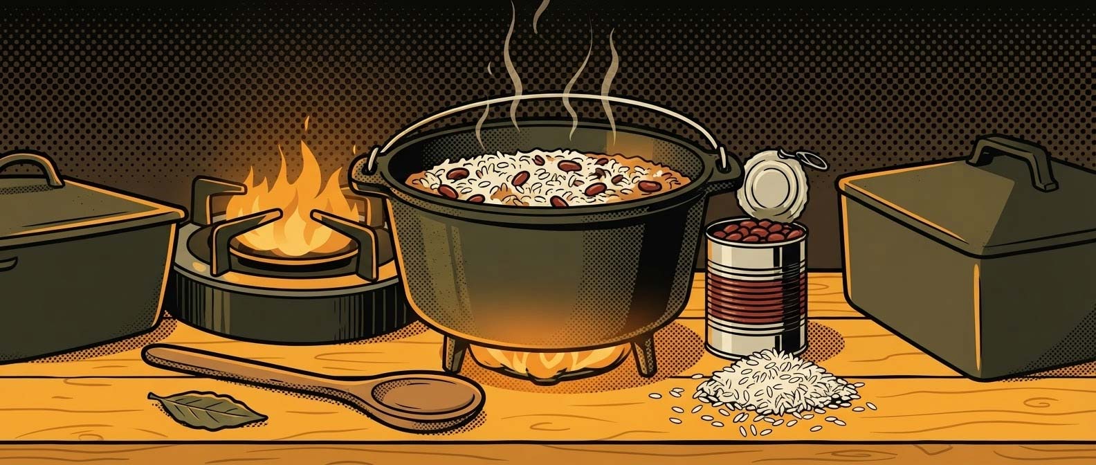 Riz aux haricots façon survie dans une casserole sur feu de camp